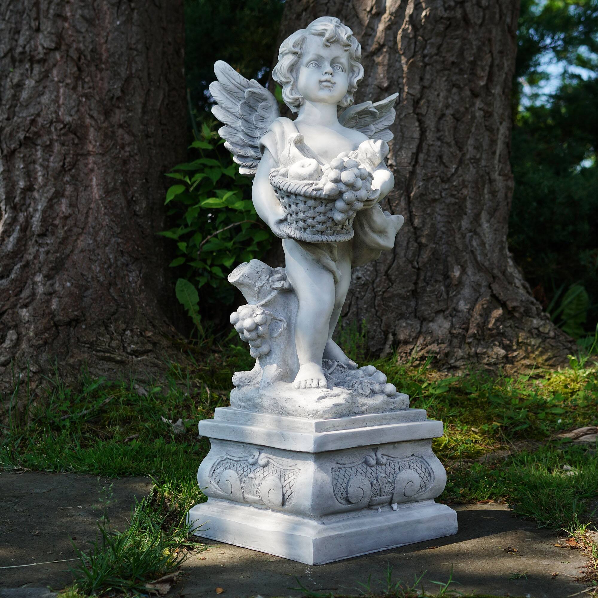 28.75" Gray Cherub Angel Standing on Pedestal Holding a Fruit Basket Outdoor Garden Statue